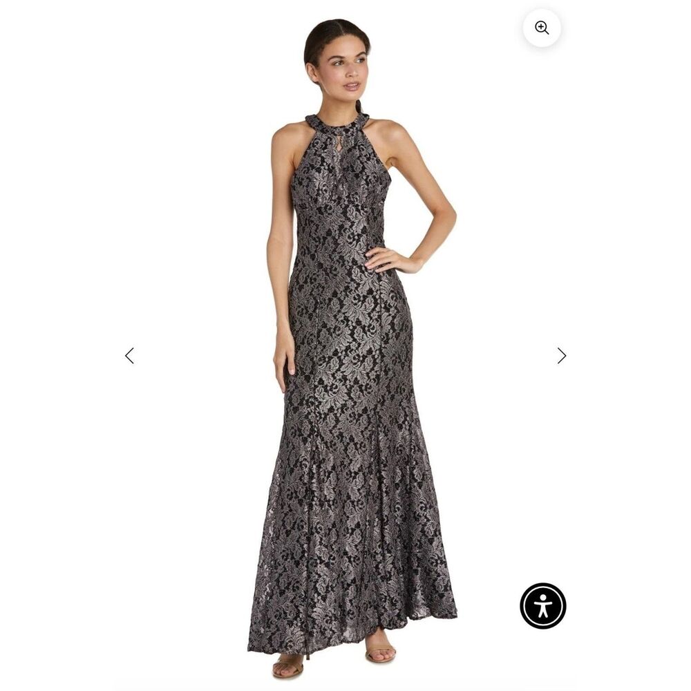 NW Nightway Black Silver Metallic Lace Dress 10P NWT Petite Formal